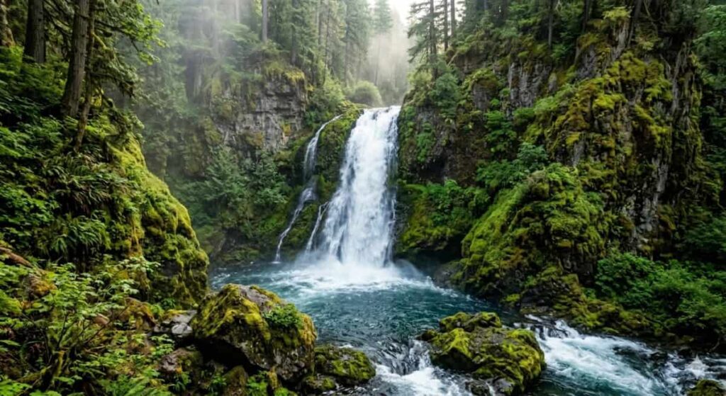Hidden waterfall surrounded by lush forest and scenic hiking trail